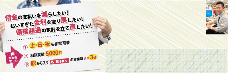 借金の支払いを減らしたい！払いすぎた金利を取り戻したい！債務超過の家計を立て直したい！資格者が11名うち女性資格者が3名 土・日・祝も相談可能。 相談実績7,500件  解決実績4,500件 駅から歩いてスグ。無料相談実施中 名古屋0120-368-316